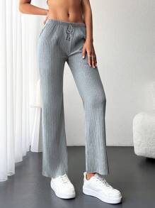 Cottnline Solid Ribbed Knit Straight Leg Trousers - Grey - View 3