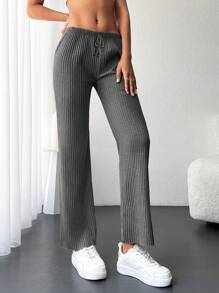 Cottnline Pantalones rectos unicolor tejido de canalé - Gris Oscuro - Ver 3