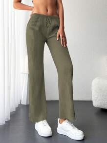 Cottnline Solid Ribbed Knit Straight Leg Trousers - Olive Green - View 3
