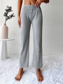 Cottnline Solid Ribbed Knit Straight Leg Trousers - Grey - View 4