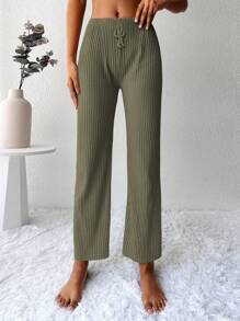 Cottnline Solid Ribbed Knit Straight Leg Trousers - Olive Green - View 4