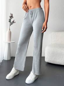 Cottnline Solid Ribbed Knit Straight Leg Trousers - Grey - View 5
