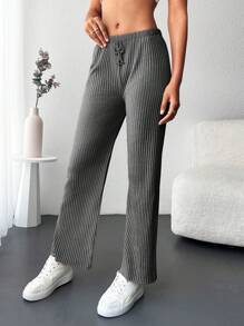 Cottnline Pantalones rectos unicolor tejido de canalé - Gris Oscuro - Ver 5