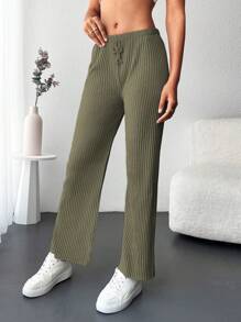 Cottnline Solid Ribbed Knit Straight Leg Trousers - Olive Green - View 5