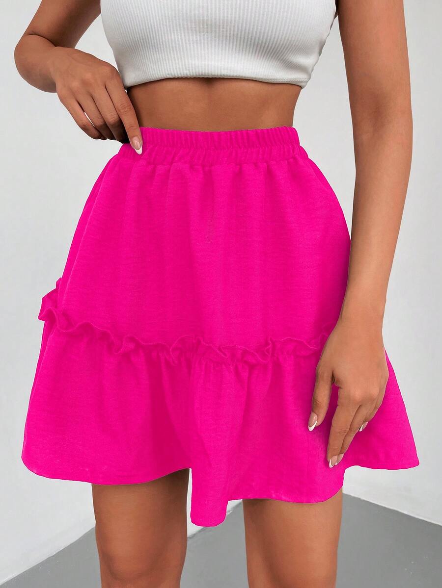 EURMUSE Solid Ruffle Hem Skirt - Hot Pink - View 1