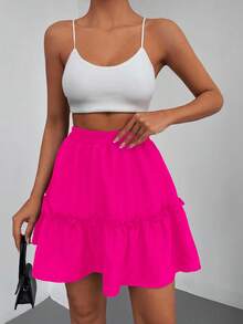 EURMUSE Solid Ruffle Hem Skirt - Hot Pink - View 3
