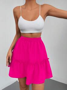 EURMUSE Solid Ruffle Hem Skirt - Hot Pink - View 4