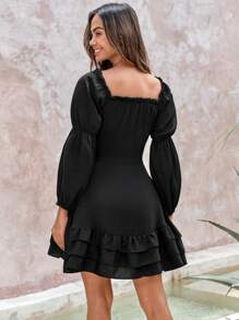 RueChic Tie Front Ruched Bust Ruffle Hem Dress - Black - View 2