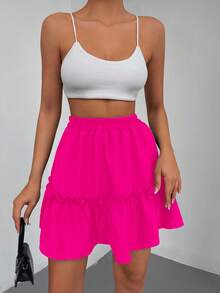 EURMUSE Solid Ruffle Hem Skirt - Hot Pink - View 5