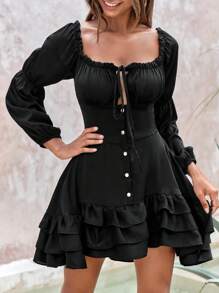 RueChic Tie Front Ruched Bust Ruffle Hem Dress - Black - View 3