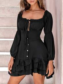 RueChic Tie Front Ruched Bust Ruffle Hem Dress - Black - View 6
