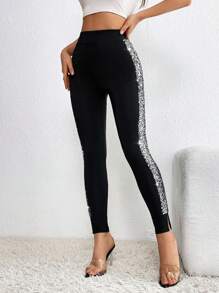 SHEIN Privé 亮片拼接側接縫下擺開叉緊身打底褲 - 黑色 - 查看 4