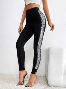 SHEIN Privé 亮片拼接側接縫下擺開叉緊身打底褲 - 黑色 - 查看 5