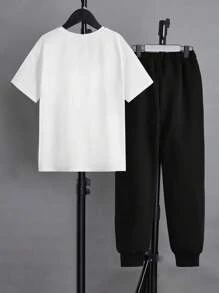 SHEIN Leap Crew Tween Boy Letter Graphic Tee & Drawstring Waist Joggers - Black and White - View 3