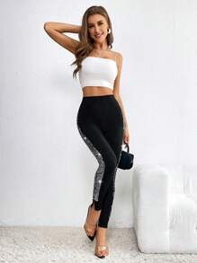 SHEIN Privé 亮片拼接側接縫下擺開叉緊身打底褲 - 黑色 - 查看 6