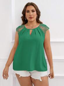 SHEIN Clasi Hơn Đường viền lỗ khóa Ren tương phản Tay Raglan Áo sơ mi - màu xanh lá - Xem 5