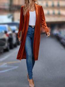 SHEIN Clasi 纯色前开襟大衣，女士深秋休闲常规袖披肩领宽松焦橙色纯色女士大衣，休闲日常穿着 - 亮橙色 - 查看 5