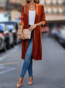 SHEIN Clasi 纯色前开襟大衣，女士深秋休闲常规袖披肩领宽松焦橙色纯色女士大衣，休闲日常穿着 - 亮橙色 - 查看 6