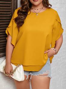 SHEIN LUNE Plus Petal Sleeve Solid Blouse - Yellow - View 1