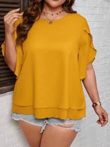 SHEIN LUNE Plus Petal Sleeve Solid Blouse - Yellow - View 3