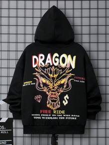 SHEIN Tween Boy Dragon & Slogan Graphic Drop Shoulder Thermal Hoodie