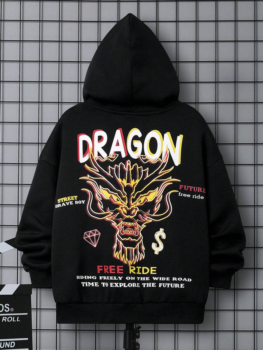 SHEIN Tween Boy Dragon & Slogan Graphic Drop Shoulder Thermal Hoodie