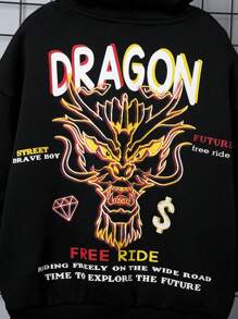 SHEIN Tween Boy Dragon & Slogan Graphic Drop Shoulder Thermal Hoodie