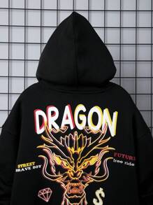 SHEIN Tween Boy Dragon & Slogan Graphic Drop Shoulder Thermal Hoodie
