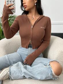 SHEIN EZwear 拉鏈開襟連帽開襟衫 - 紅木色 - 查看 6