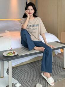DAZY Slogan Graphic Drop Shoulder Tee & Wide Leg Pants Lounge Set Pajama - Multicolor - View 1