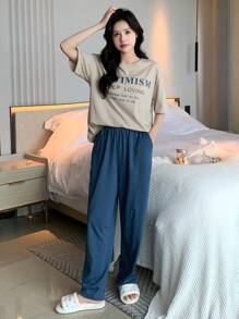 DAZY Slogan Graphic Drop Shoulder Tee & Wide Leg Pants Lounge Set Pajama - Multicolor - View 4