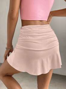 SHEIN EZwear Solid Ruched Detail Skirt - Pink - View 2