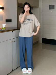 DAZY Slogan Graphic Drop Shoulder Tee & Wide Leg Pants Lounge Set Pajama - Multicolor - View 7