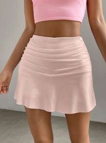 SHEIN EZwear Solid Ruched Detail Skirt - Pink - View 4