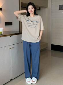 DAZY Slogan Graphic Drop Shoulder Tee & Wide Leg Pants Lounge Set Pajama - Multicolor - View 8
