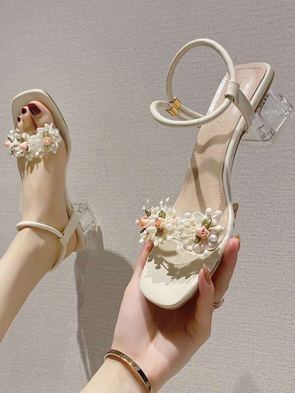 Flower Decor Chunky Heel Ankle Strap Sandals & Flower Rhinestone High Heel Sandals