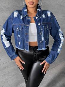 SHEIN SXY 大碼破洞毛邊牛仔夾克 - 中等水洗藍 - 查看 4