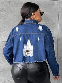 SHEIN SXY 大碼破洞毛邊牛仔夾克 - 中等水洗藍 - 查看 2