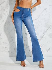 SHEIN BAE 腰部鏤空牛仔喇叭褲 - 中等水洗藍 - 查看 1