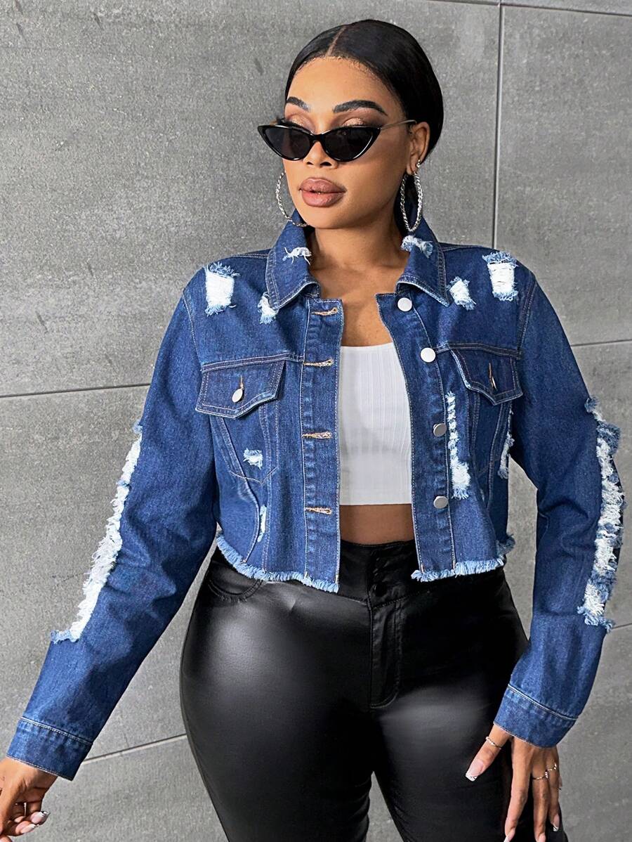 SHEIN SXY 大碼破洞毛邊牛仔夾克 - 中等水洗藍 - 查看 1