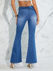 SHEIN BAE 腰部鏤空牛仔喇叭褲 - 中等水洗藍 - 查看 2