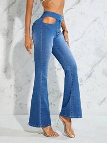 SHEIN BAE 腰部鏤空牛仔喇叭褲 - 中等水洗藍 - 查看 3