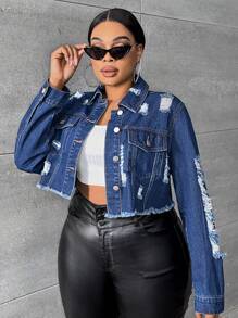 SHEIN SXY 大碼破洞毛邊牛仔夾克 - 中等水洗藍 - 查看 3