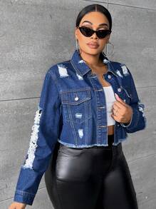 SHEIN SXY 大碼破洞毛邊牛仔夾克 - 中等水洗藍 - 查看 6