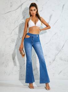 SHEIN BAE 腰部鏤空牛仔喇叭褲 - 中等水洗藍 - 查看 7