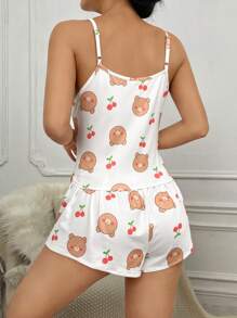 3組櫻桃&卡通圖案吊帶背心和短褲睡衣套裝 - 白色 - 查看 2