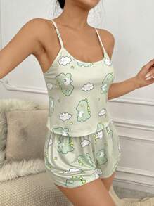 3組櫻桃&卡通圖案吊帶背心和短褲睡衣套裝 - 白色 - 查看 6