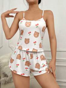 3組櫻桃&卡通圖案吊帶背心和短褲睡衣套裝 - 白色 - 查看 7