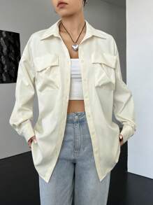 SHEIN EZwear 翻蓋口袋落肩袖襯衫 - 米色 - 查看 1