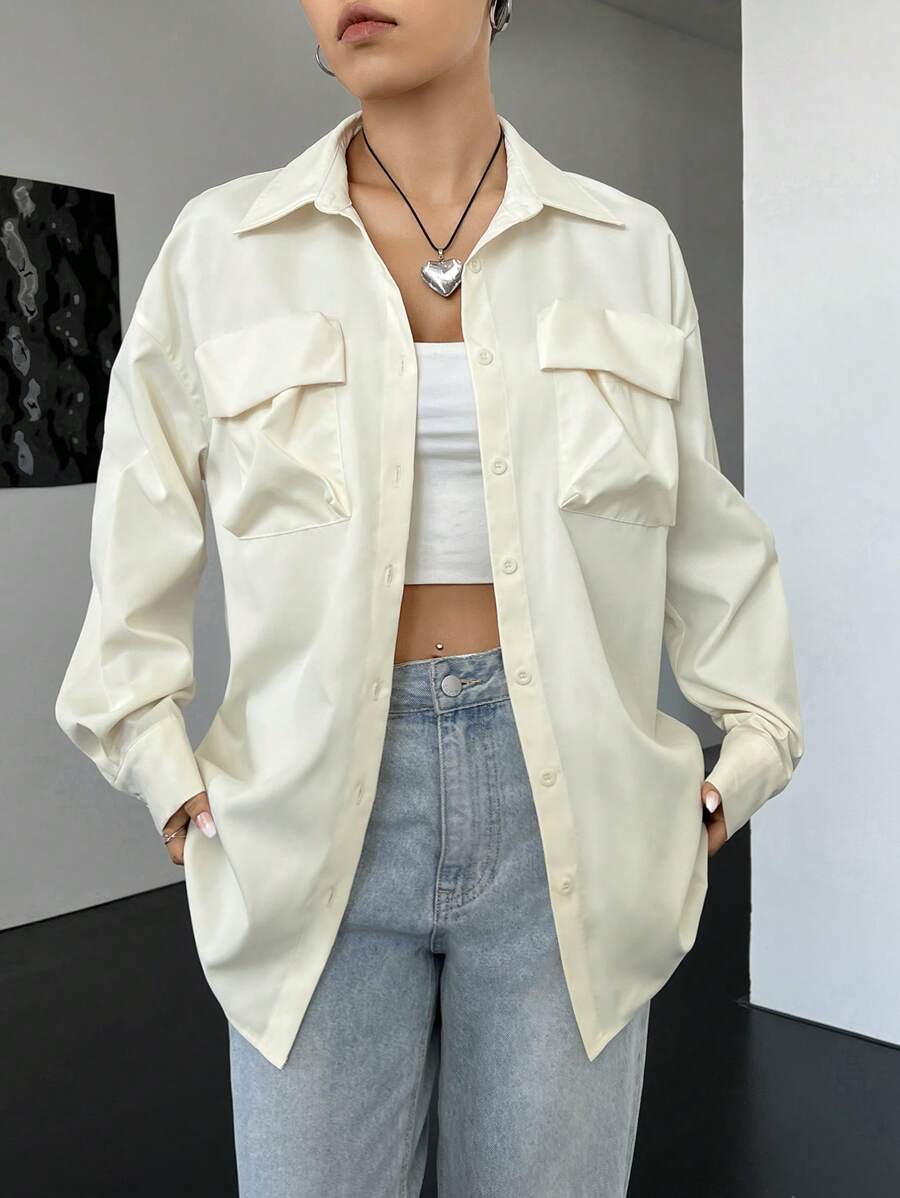 SHEIN EZwear 翻蓋口袋落肩袖襯衫 - 米色 - 查看 1